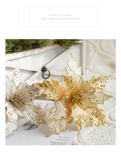 Close-up of champagne gold sequin fabric flowers for festive Christmas home decoration