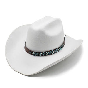 Chapeau de cowboy blanc en laine à large bord avec bandeau en cuir perlé élégant