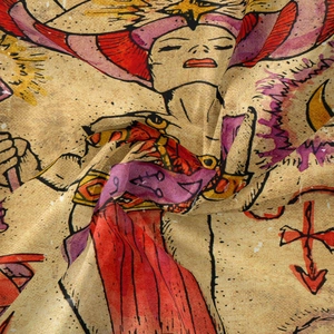 Detailed macro view of bohemian tapestry fabric with mystical tarot female illustration