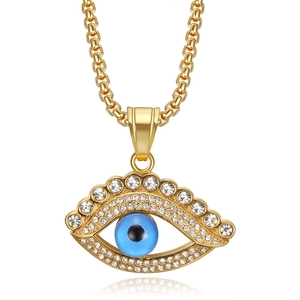 Collier en acier inoxydable 316 doré avec pendentif Œil bleu et cristaux brillants