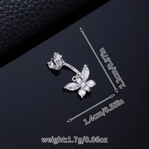 Detail view of silver butterfly belly button ring with dimensions and zircon sparkle