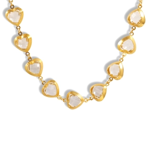 Minimalist golden heart zircon necklace set with faceted clear gemstones and beads