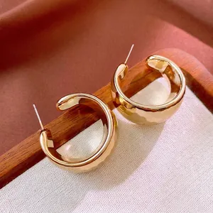 Chunky C Shape Hoop Earrings With 925 Sterling Silver Earring Post Minimalist Vintage Metallic Texture For Women