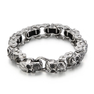 Bracelet punk pour hommes en acier inoxydable avec motif crâne et finition argentée vintage