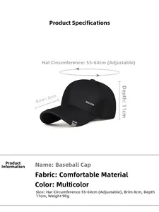 Detailed size chart of men's black baseball cap with adjustable strap and measurements