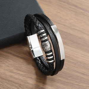 Multilayer black woven PU leather bracelet for men with silver magnetic alloy clasp