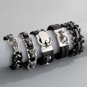 Gothic punk men's leather bracelets with skull, tiger head, and stainless steel designs