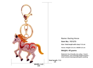 Detailed view of horse keychain with pink rhinestones and precise dimensions marked