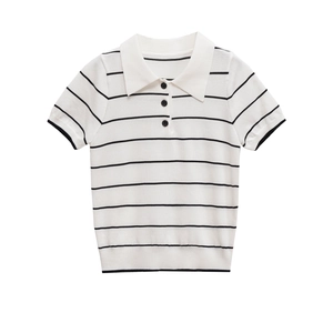Short sleeve white polo knit top with horizontal black stripes and button collar