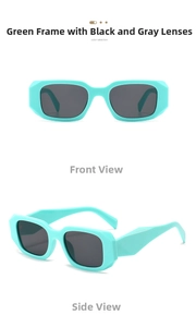Detail view of mint green geometric sunglasses with dark grey lenses in front and side shots
