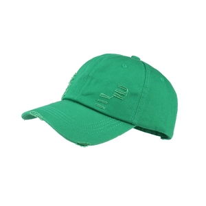 Distressed bright green cotton baseball cap with washed vintage rips and 6-panel structure