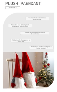 Detail of plush Christmas gnomes on a white chair with festive holiday background