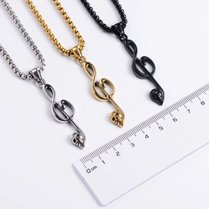 Minimalist musical note skull pendant in silver, gold and black stainless steel colors