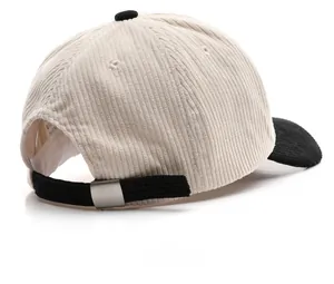 Rear view of corduroy baseball cap with metal slide buckle and two-tone texture