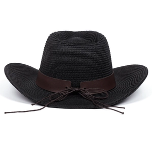 Detailed texture of black woven straw cowboy hat with dark brown leather decorative band