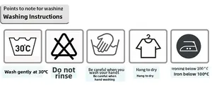 Detailed washing care guide showing symbols for hand wash and low iron on white background