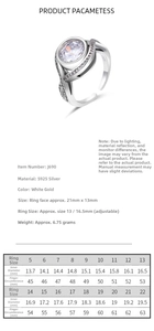 Size chart for S925 sterling silver ring with internal diameters and circumference details