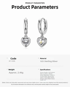 Macro detail of S925 sterling silver heart-shaped drop earrings with 5A zircon stones