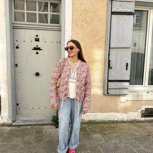 Women Vintage Floral Quilted Jacket Pink V Neck Lace Up Cotton Padded Loose Bohemian Long Sleeve Warm Outerwear