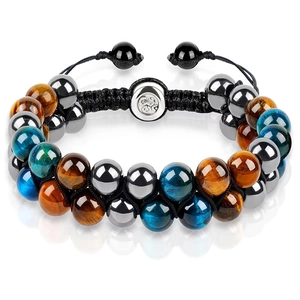 Double-layered braided tiger eye stone bracelet with adjustable cord and silver bead