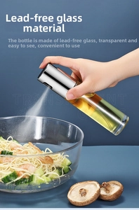 Macro spray effect of 260ml glass oil bottle on salad with stainless steel nozzle