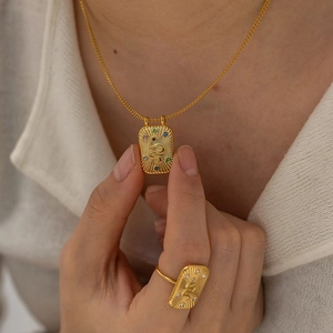 Vintage Snake Pendant Necklace Stainless Steel Gold Plated Rectangular Medallion With Colorful Zircon For Women