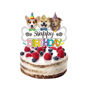 Topper per torta a forma di osso a tema cane con simpatiche illustrazioni di compleanno