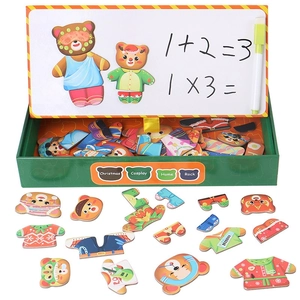 Magnetic wooden bear dress-up puzzle with whiteboard and assorted outfits for kids