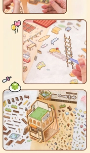 Detailed PET waterproof stickers showing 3D coffee shop model assembly for DIY journals