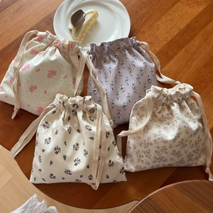 Floral Print Drawstring Pouch Small Cotton Canvas Storage Bag For Cosmetics Phone Stationery Pastoral Style Portable