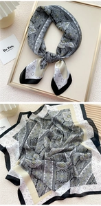 Detailed paisley print silk scarf with classic border showing folded and open views