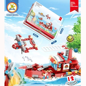 Fire rescue building blocks set featuring 12-in-1 robot, red boat and plane models