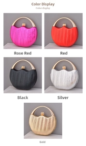 Detailed close-up showing textured evening clutch bags in rose, red, black, silver and gold