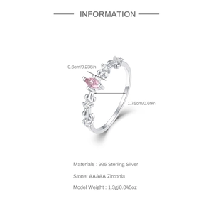 Detailed view of 925 sterling silver star ring with pink zircon including size dimensions