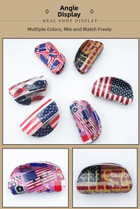Detailed views of hair claw clips with USA flag and London city print designs