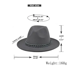 Grey wool felt fedora hat with chain trim showing detailed sizing and dimensions chart