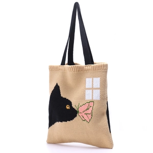 Knitted Tote Bag Cartoon Cat Flower Jacquard Pattern Woven Shoulder Bag Sweet Kawaii Style For Women