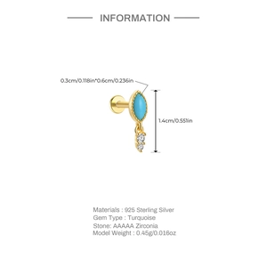 Gedetailleerde afmetingen en materialen voor S925 zilveren turquoise piercing oorknop
