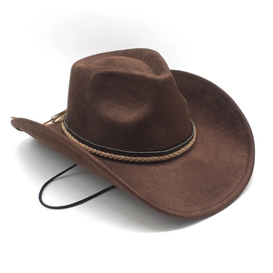 Detail of dark brown suede cowboy hat with woven trim and adjustable chin strap