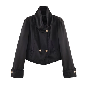 Giacca Corta Da Donna Collo Alto Bottoni Dorati Patchwork Velluto A Coste Manica Lunga Gotica Aderente