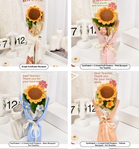 Detail showing four styles of hand-crocheted sunflower bouquets with gift cards and packaging
