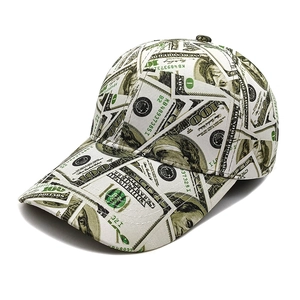 Detailed view of baseball cap featuring realistic 100 dollar bill print on canvas fabric