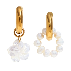 18K gold plated stainless steel asymmetrical earrings with shell flowers and pearls