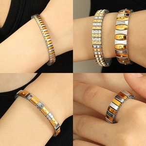 Two-tone gold and silver elastic bracelet and ring set with sparkling rhinestones
