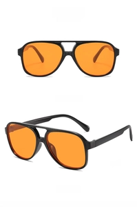 Dual-bridge aviator sunglasses with black frames and orange lenses in two views