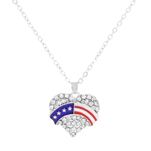 Silver necklace with heart pendant featuring American flag stripes and crystal accents