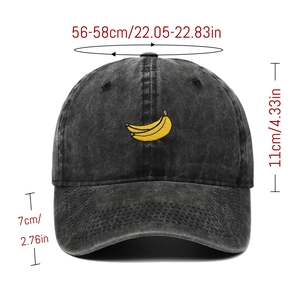 Detailed size chart for dark gray washed cotton baseball cap with banana embroidery