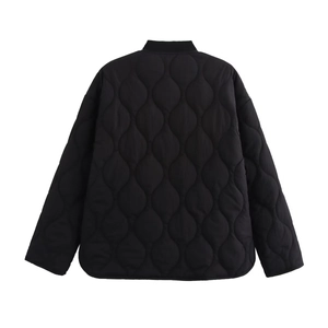 Back view of a black onion-quilted jacket featuring a round neck and long sleeves