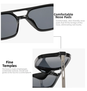 Detail of integrated nose pads and metal temple craftsmanship on black square sunglasses