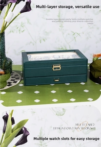 Detail der grünen PU-Leder Uhrenbox mit Glasdeckel und Schublade für Schmuckaufbewahrung